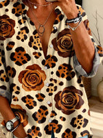 Women's Leopard Floral Pattern Art Print Casual Long Sleeve Cotton Linen Shirt