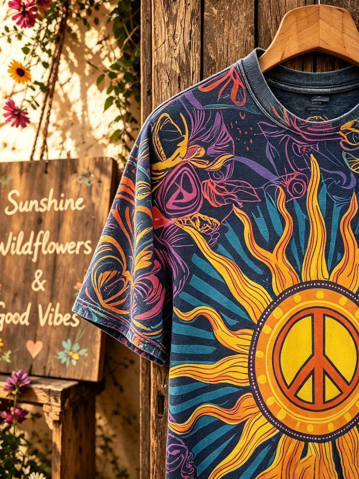 Unisex Sun Peace Sign Retro Art Print Short Sleeve T-Shirt