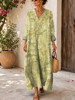 Retro Floral Pattern Art Print Casual V-neck Long Sleeve Cotton Linen Maxi Dress