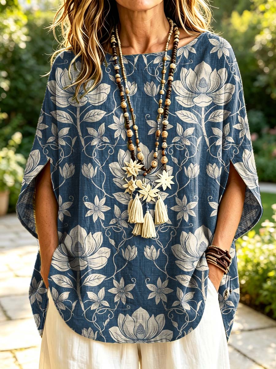 Women's Floral Pattern Art Print Casual Short Sleeve Cotton Linen Shirt