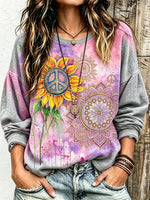 Women's Watercolor Sun Peace Symbol Mandala Crew Neck Long Sleeve Sweatshirt