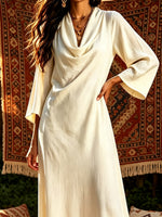 Women's Cowl Neck Art Casual 3/4 Sleeve Cotton Linen Long Dress