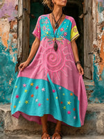 Women Sun Star Patchwork Embroidery Maxi Dress