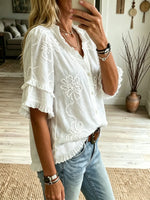 Women's 3D Floral Ruffle Short Sleeve Blouse