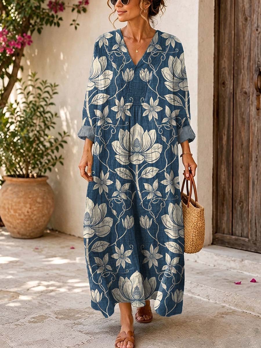 Retro Floral Pattern Art Print Casual V-neck Long Sleeve Cotton Linen Maxi Dress