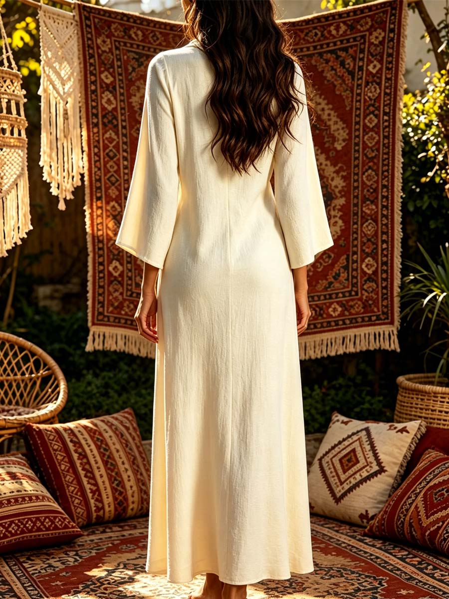 Women's Cowl Neck Art Casual 3/4 Sleeve Cotton Linen Long Dress