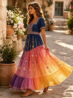 Women's Rainbow Ombre Floral Square-Neck Maxi Dress