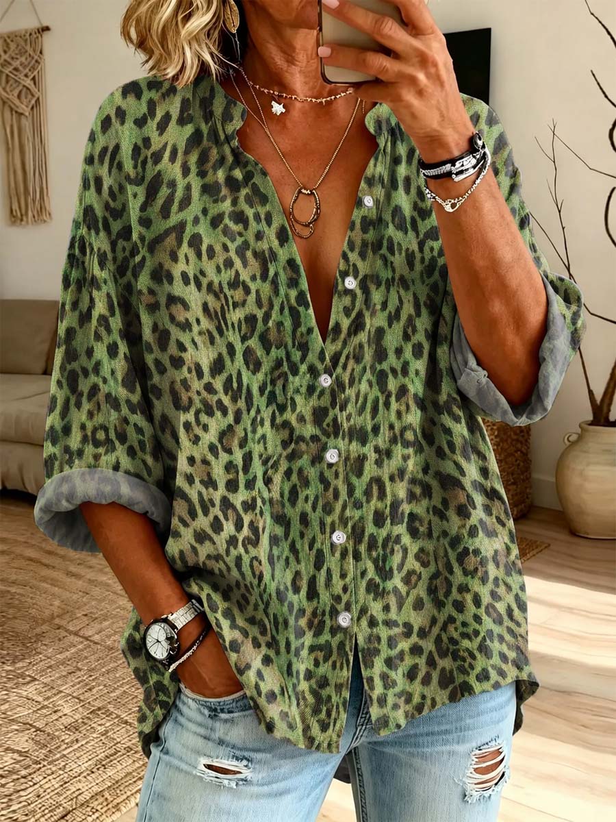 Women's Leopard Pattern Art Print Casual Long Sleeve Cotton Linen Shirt