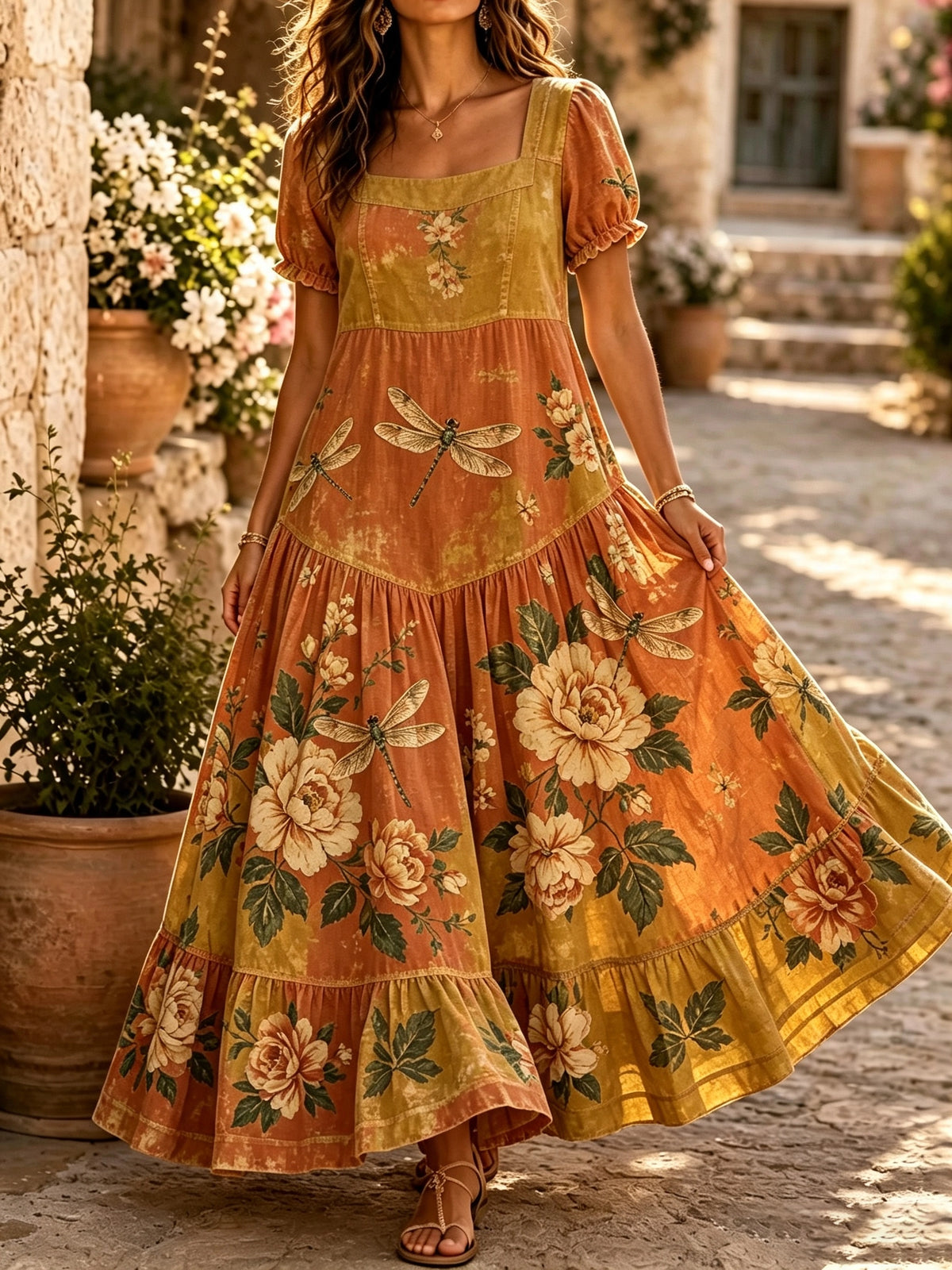 Women's Dragonfly Rose Square-Neck Maxi Dress