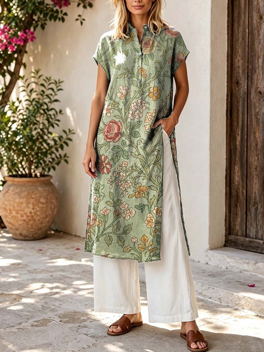 Retro Floral Pattern Art Print Casual Side Slits Stylish Cotton Linen Shirt