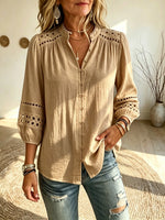 Women's Hollow Eyelet Texture Stand Collar 3/4 Puff Sleeve Blouse