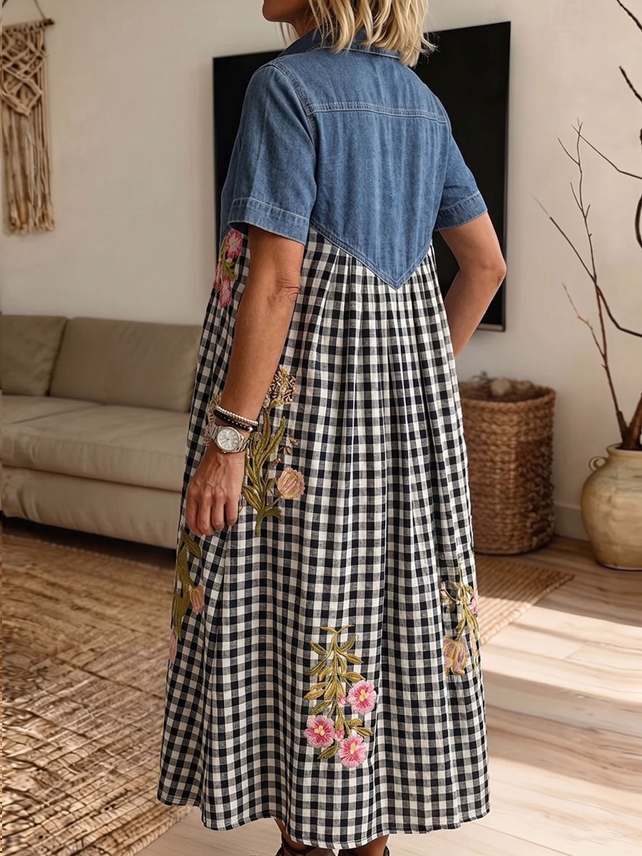 Vintage Elegant Checkered Flowers Pattern Print Patchwork Denim Dress