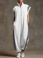 Women's Stand-collar Short-sleeved Casual Loose Cotton Wide-leg Jumpsuit