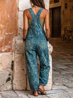 Women’s Boho Ethnic Geometric Print Denim Overalls With Multiple Pockets