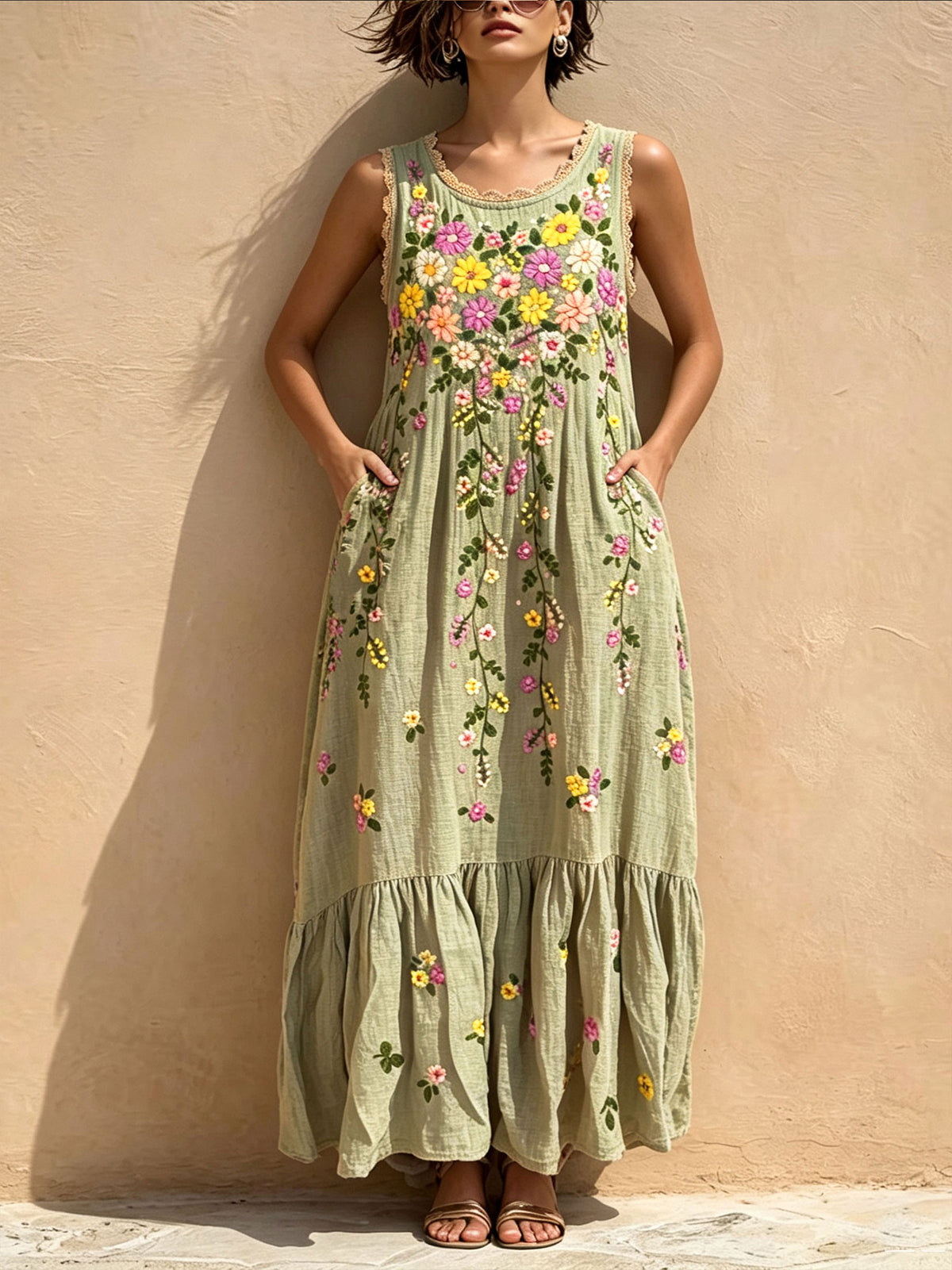 Women's Sleeveless Floral Embroidery Print Lace Trim Ruffle Hem Maxi Dress