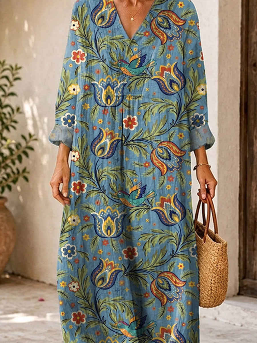 Retro Floral Pattern Art Print Casual V-neck Long Sleeve Cotton Linen Maxi Dress