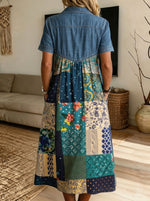 Women’s Denim Collar Boho Patchwork Spliced Midi Shirt Dress