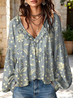 Women's Floral Pattern Art Print Ruffle Casual Long Sleeve Cotton Linen Shirt