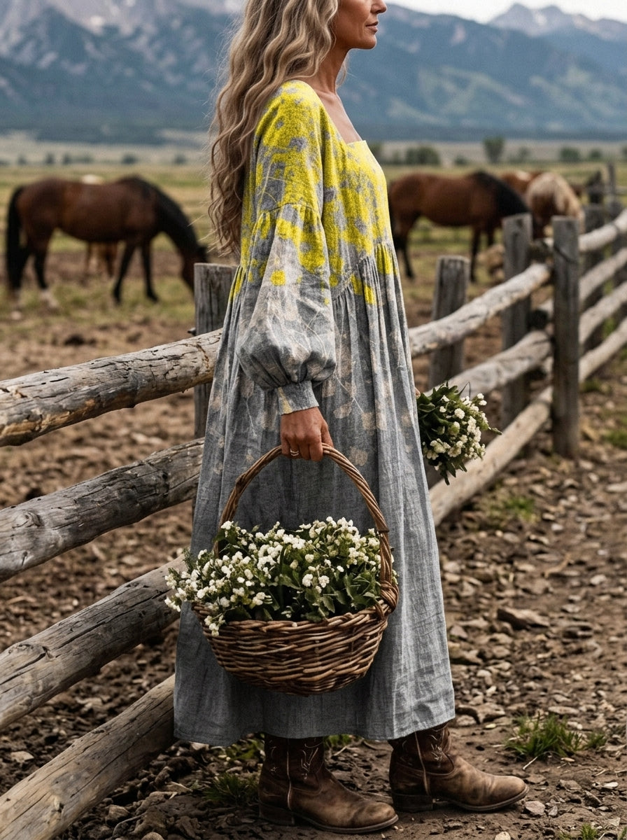 Women‘sGradient Yellow Floral Square Neck Balloon Sleeve Boho Midi Dress