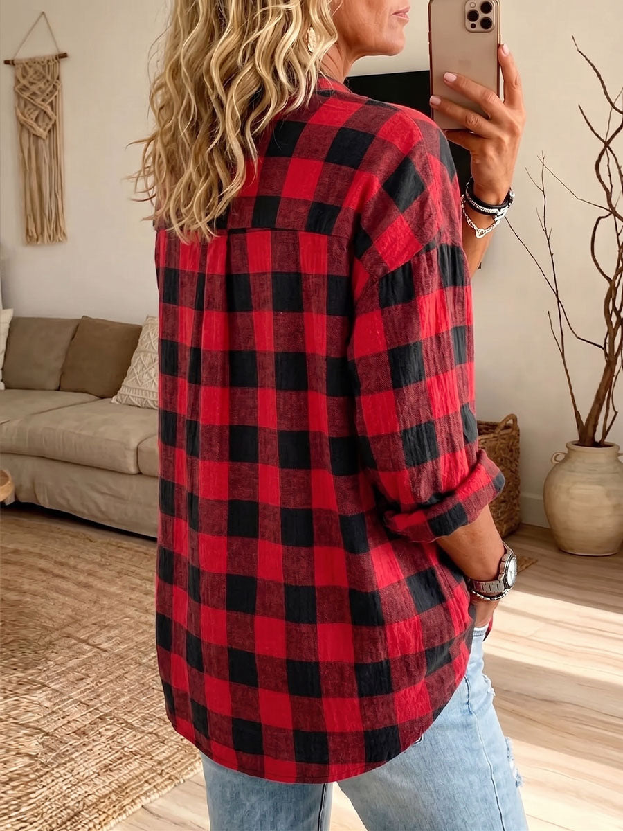 Vintage Elegant Button Long Sleeve Cotton And Linen Plaid Shirt