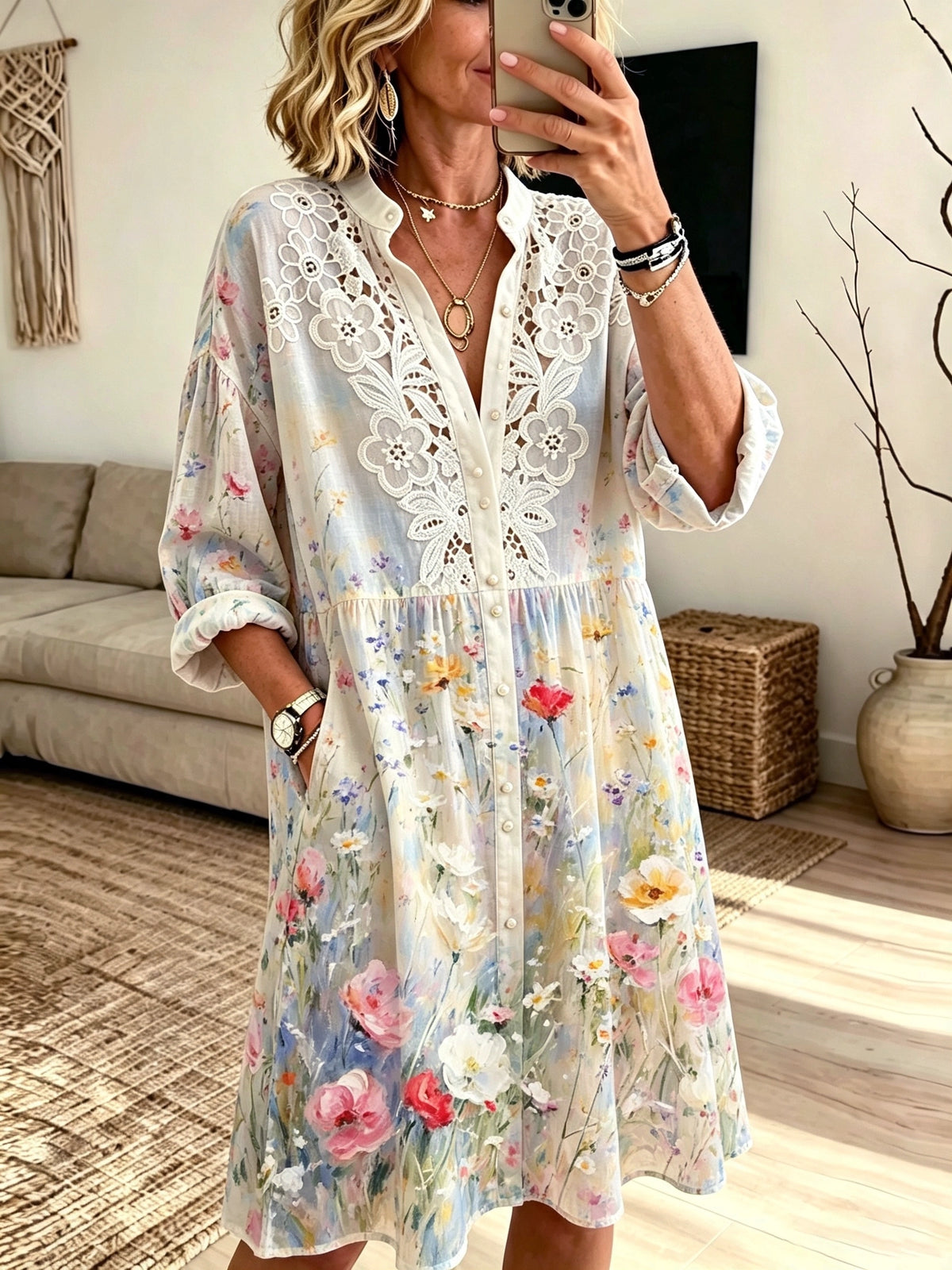Women's Floral Crochet Lace Shirt Dress