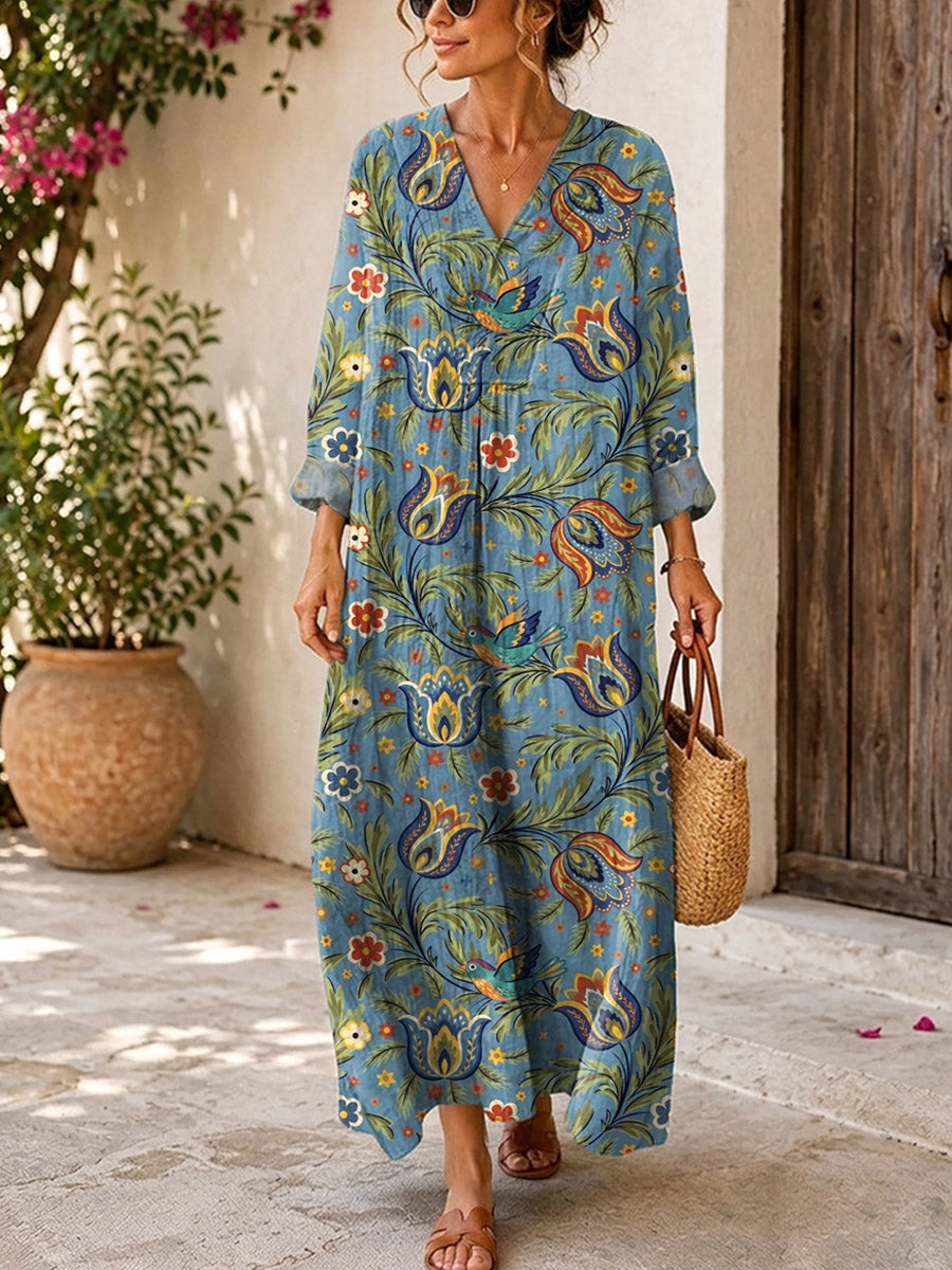 Retro Floral Pattern Art Print Casual V-neck Long Sleeve Cotton Linen Maxi Dress