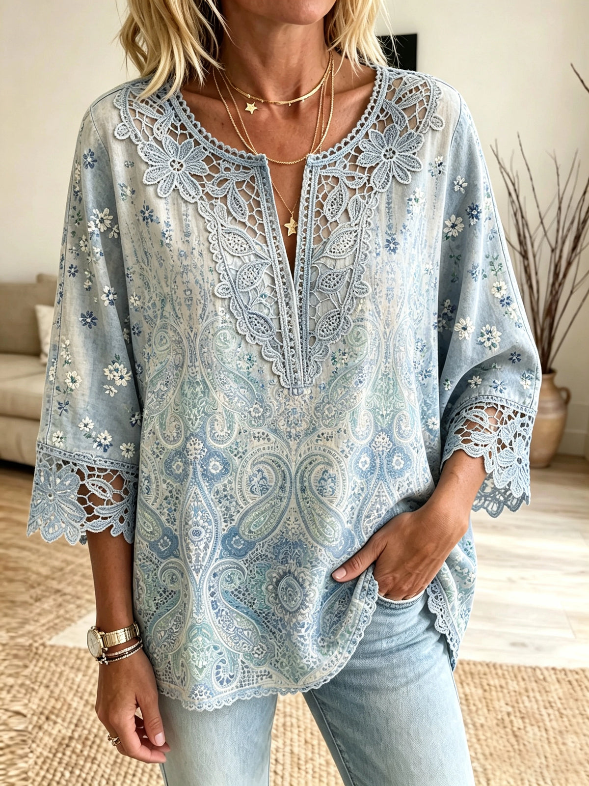 Women's Paisley Crochet Cutout Blouse