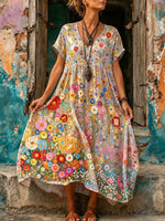 Women Oil Painting Floral All Over Print Maxi Dress