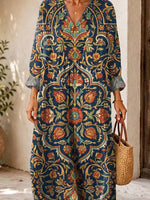 Retro Floral Pattern Art Print Casual V-neck Long Sleeve Cotton Linen Maxi Dress
