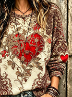 Women's Vintage Paisley Red Heart Floral Distressed Crew Neck Long Sleeve Sweatshirt