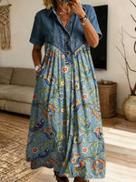 Vintage Floral Birds Pattern Art Print Casual Stylish Lapel Denim Patchwork Dress