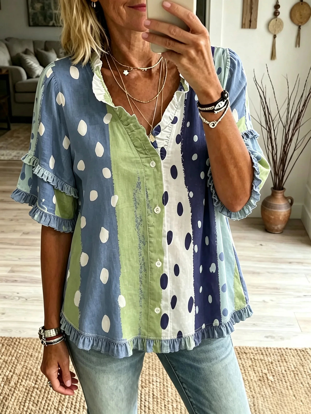 Women's Vertical Stripe Polka Dot Ruffle Short Sleeve Blouse