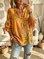 Women's Yellow Dragonfly Floral Print Ruffle Sleeve Blouse