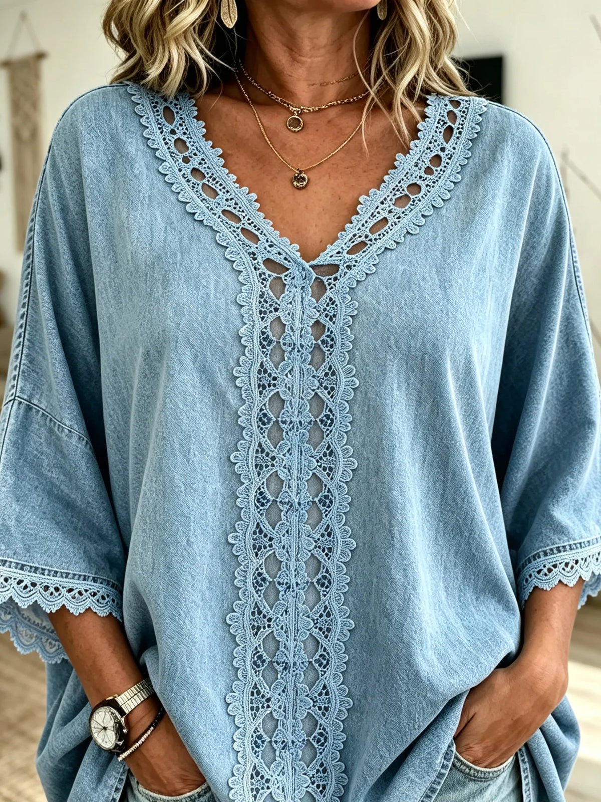 Women's Full Lace V-Neck Loose 3/4 Sleeve Denim Top