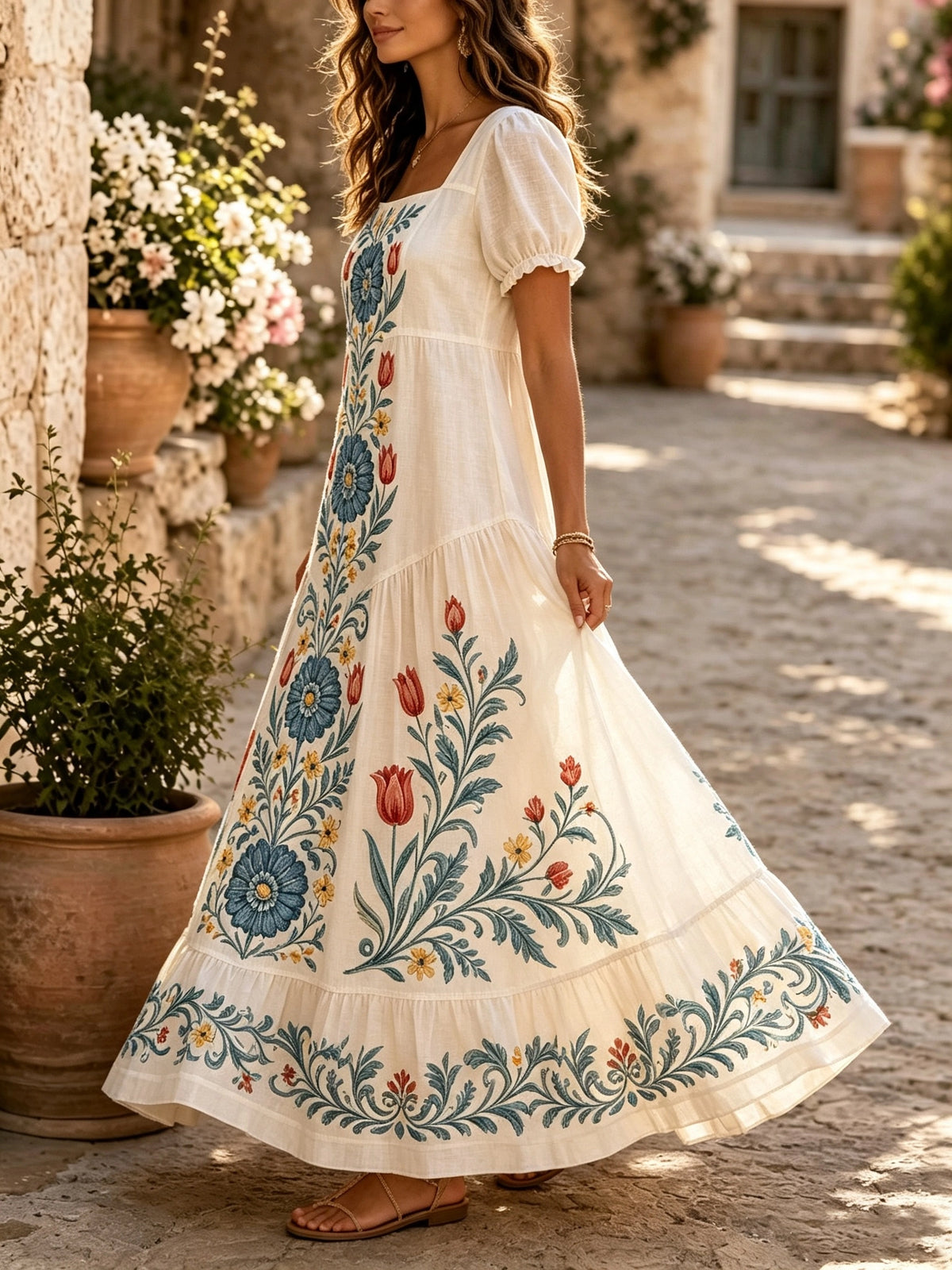 Women's Floral Vine Square-Neck Maxi Dress