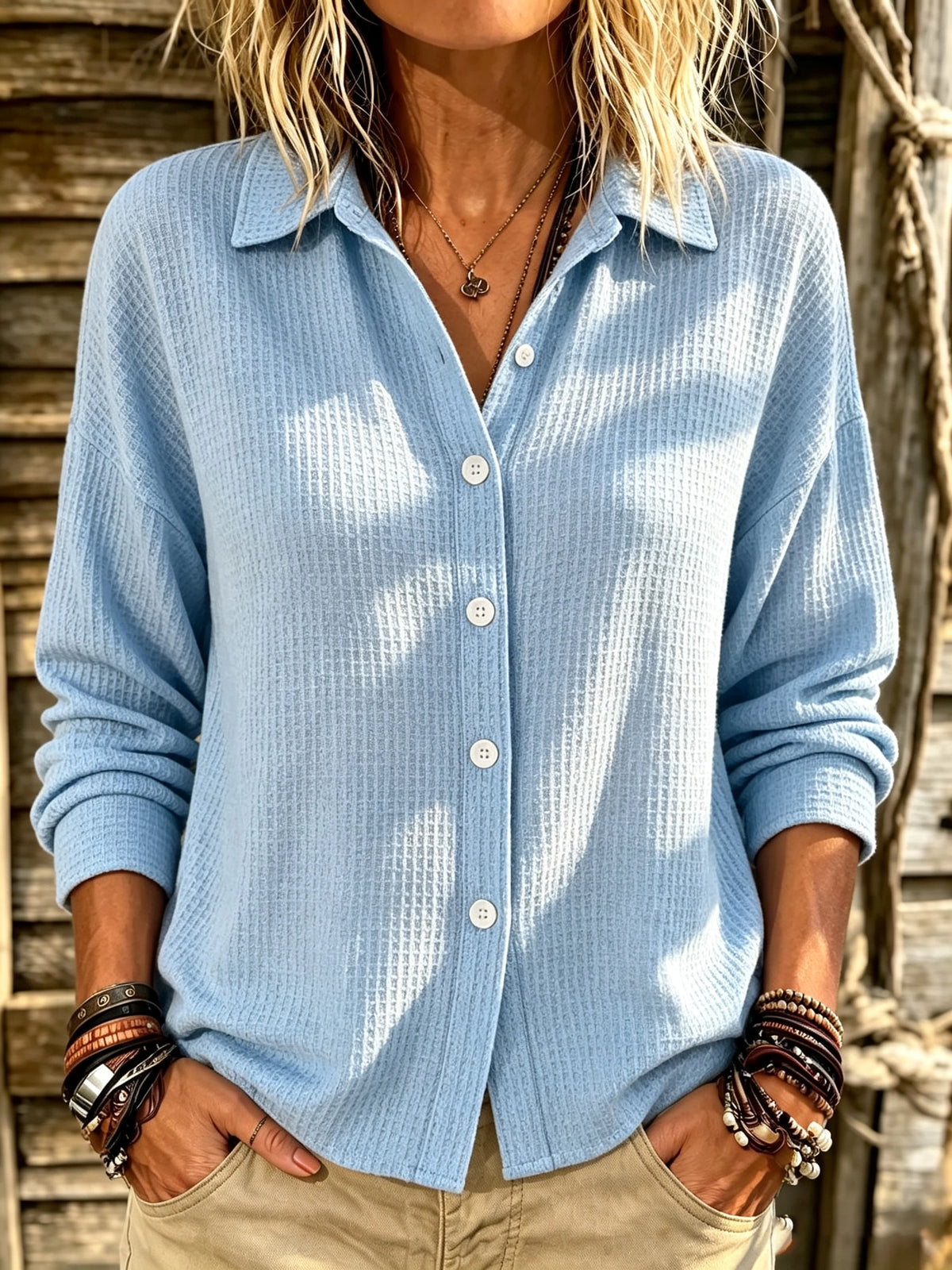 Women's Waffle Knit Button-Down Shirt