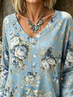 Women's Blue Rose Floral Art Print Long Sleeve Top