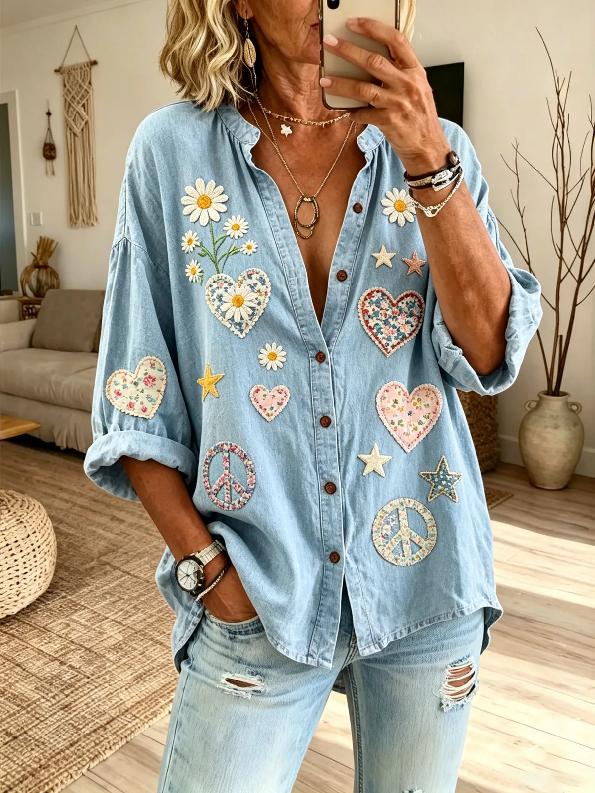 Women's Heart Star Peace Symbol Print Denim Shirt