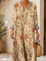 Retro Floral Pattern Art Print Casual V-neck Long Sleeve Cotton Linen Maxi Dress