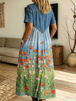 Women’s Denim Spliced Poppy Butterfly Gradient Print Shirt Midi Dress With Pockets