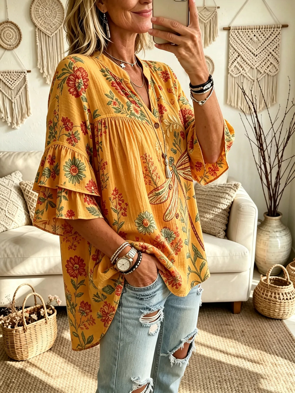 Women's Yellow Dragonfly Floral Print Ruffle Sleeve Blouse