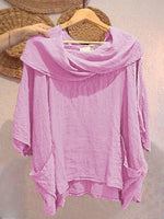 Women's Solid-color Cowl Neck 3/4 Sleeve Casual Loose Cotton-linen Top