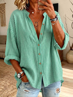 Vintage Elegant Button Long Sleeve Cotton And Linen Stripes Print Shirt