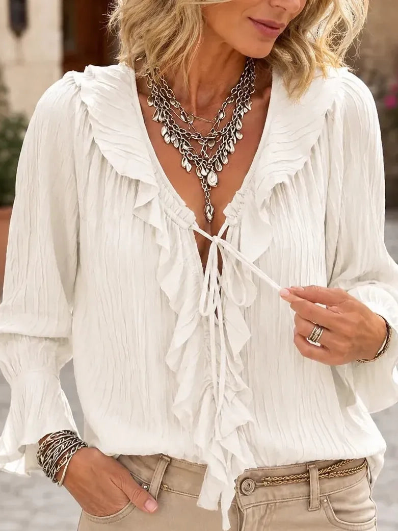 Women's Crinkled Ruffle Tie-Front Blouse