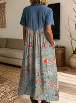 Women’s Denim Spliced Butterfly Floral Print Midi Shirt Dress With Pockets