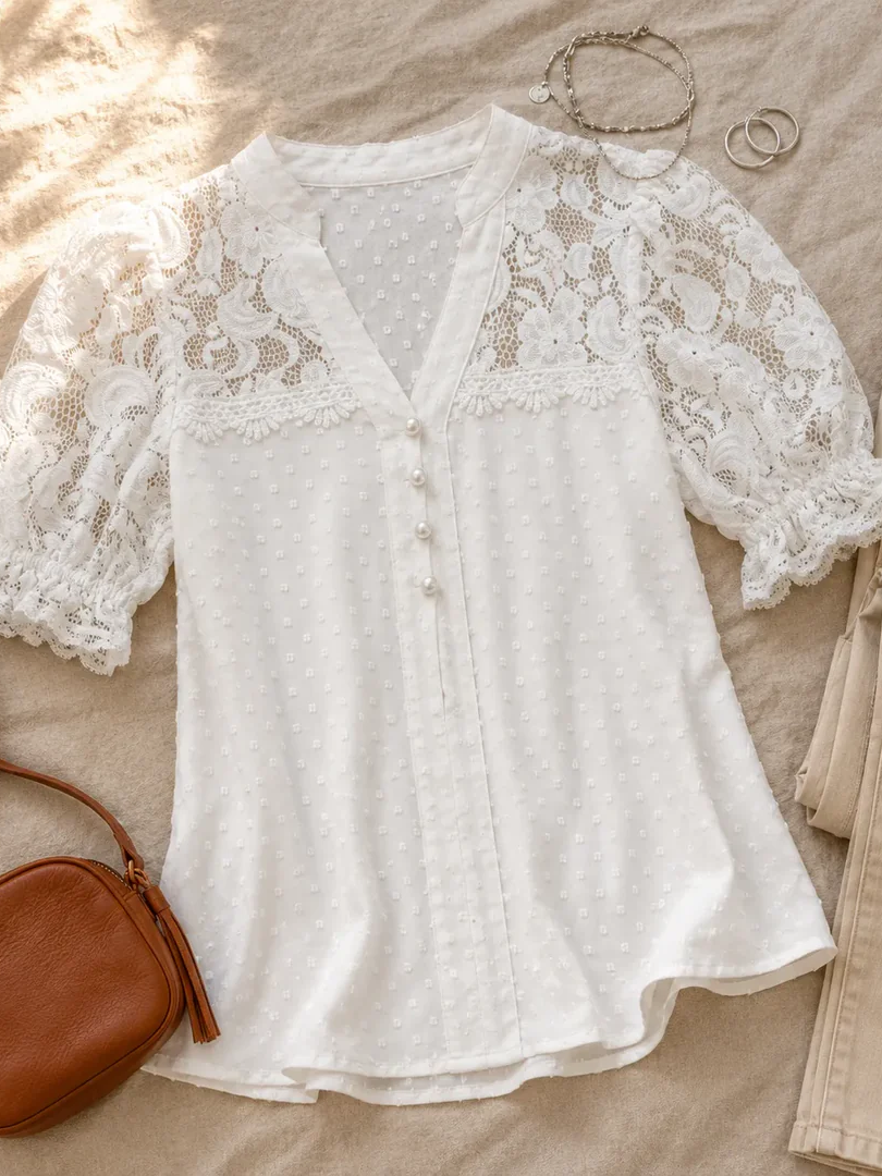 Women's Lace Patchwork Swiss Dot Blouse