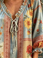 Women's Sunflower Border Print Tie-Neck Blouse