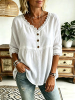 Women's Solid Simple Lace V-Neck 3/4 Sleeve Babydoll Blouse