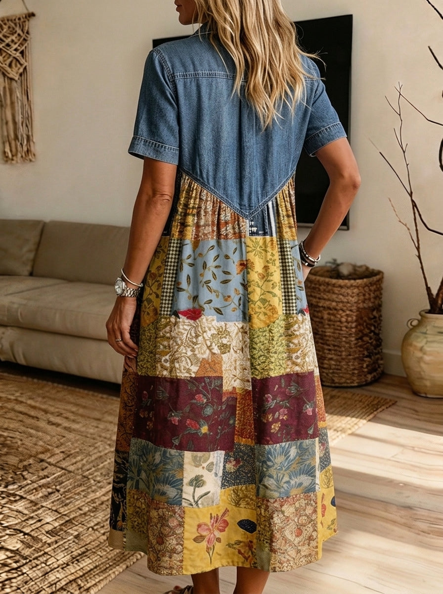 Women’s Denim Collar Patchwork Floral Print Spliced Button Front Midi Dress