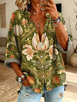 Women's Floral Pattern Art Print Casual Long Sleeve Cotton Linen Shirt